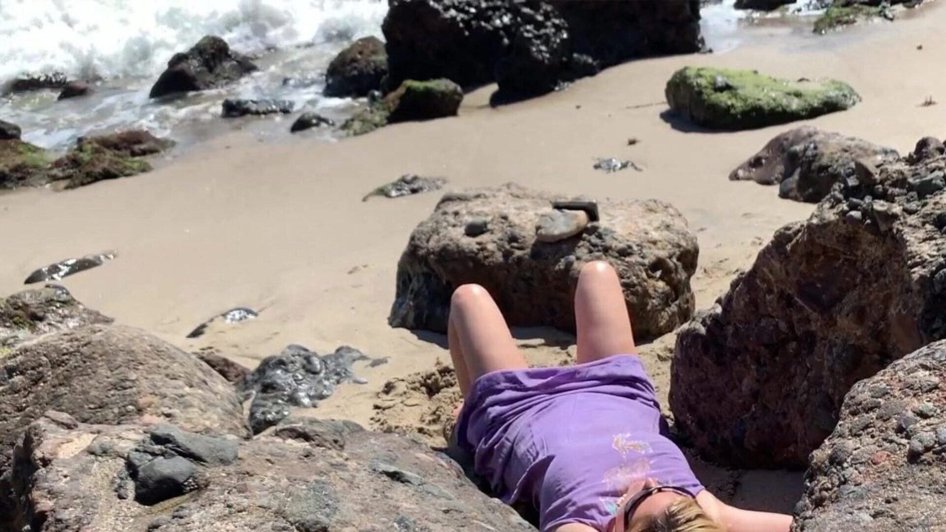 Voluptuous blonde sunbathing bare on beach copulates erby Sexy blonde pumping lad on the beach caught on camera